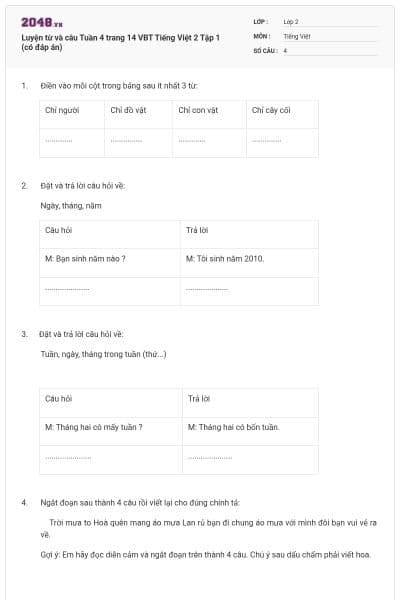 Luyện từ và câu Tuần 4 trang 14 VBT Tiếng Việt 2 Tập 1 (có đáp án)