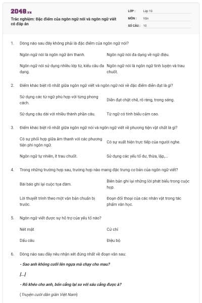 Trắc nghiệm: Đặc điểm của ngôn ngữ nói và ngôn ngữ viết có đáp án