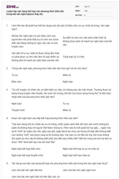 Luyện tập vận dụng kết hợp các phương thức biểu đạt trong bài văn nghị luận(có đáp án)