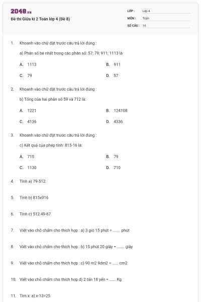 Đề thi Giữa kì 2 Toán lớp 4 (Đề 8)