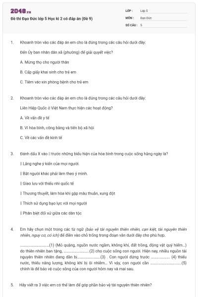 Đề thi Đạo Đức lớp 5 Học kì 2 có đáp án (Đề 9)