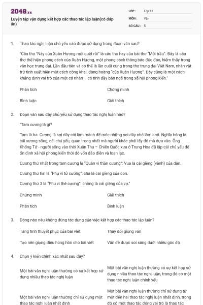 Luyện tập vận dụng kết hợp các thao tác lập luận(có đáp án)