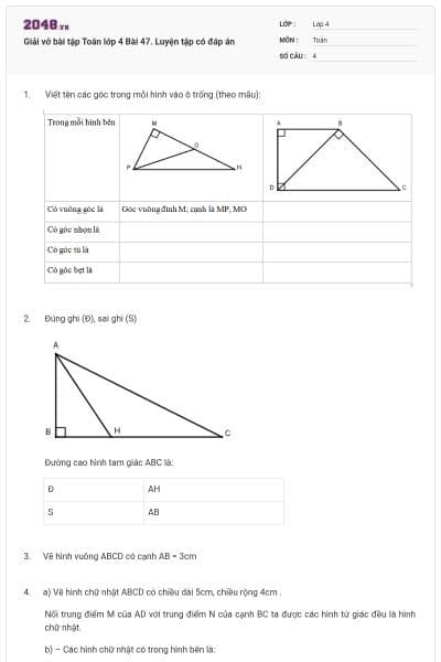 Giải vở bài tập Toán lớp 4 Bài 47. Luyện tập có đáp án