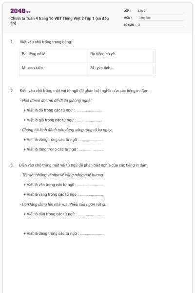 Chính tả Tuần 4 trang 16 VBT Tiếng Việt 2 Tập 1 (có đáp án)