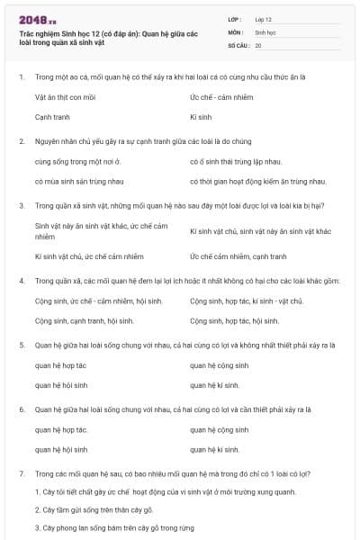 Trắc nghiệm Sinh học 12 (có đáp án): Quan hệ giữa các loài trong quần xã sinh vật