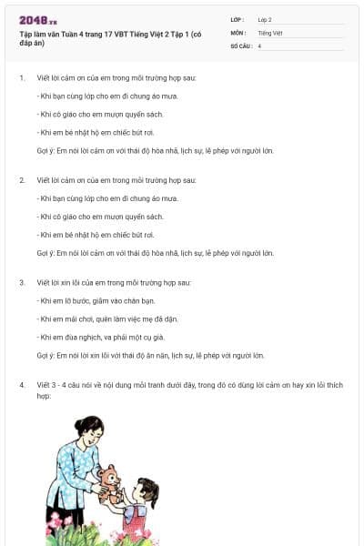 Tập làm văn Tuần 4 trang 17 VBT Tiếng Việt 2 Tập 1 (có đáp án)