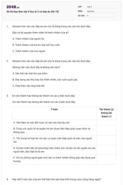Đề thi Đạo Đức lớp 5 Học kì 2 có đáp án (Đề 10)