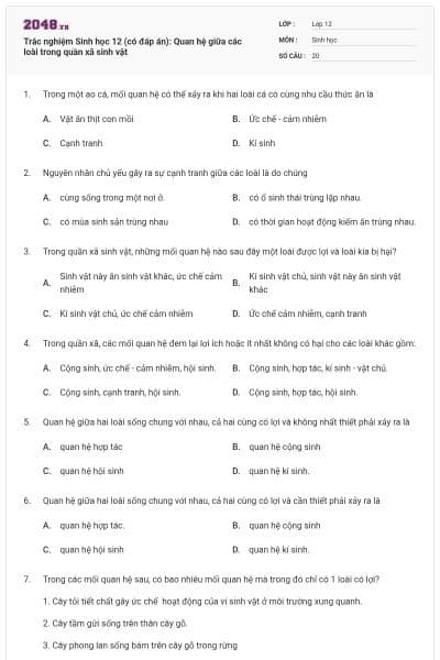 Trắc nghiệm Sinh học 12 (có đáp án): Quan hệ giữa các loài trong quần xã sinh vật