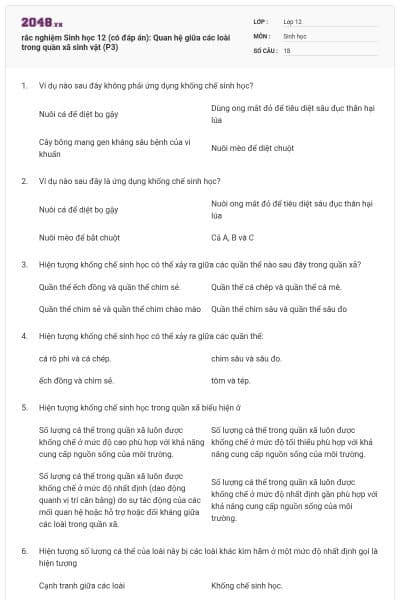 rắc nghiệm Sinh học 12 (có đáp án): Quan hệ giữa các loài trong quần xã sinh vật (P3)