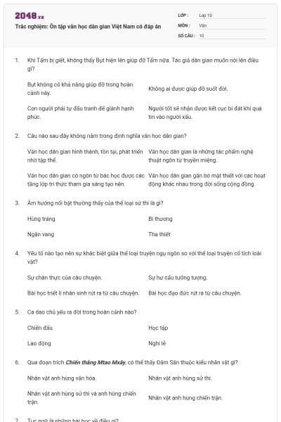 Trắc nghiệm: Ôn tập văn học dân gian Việt Nam có đáp án