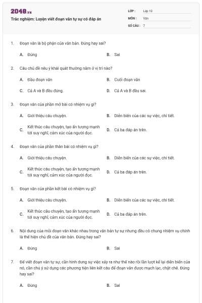 Trắc nghiệm: Luyện viết đoạn văn tự sự có đáp án