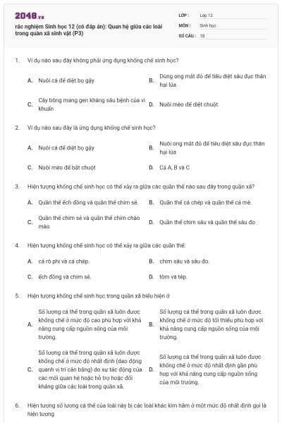 rắc nghiệm Sinh học 12 (có đáp án): Quan hệ giữa các loài trong quần xã sinh vật (P3)