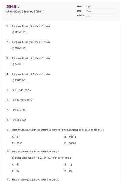 Đề thi Giữa kì 2 Toán lớp 4 (Đề 9)
