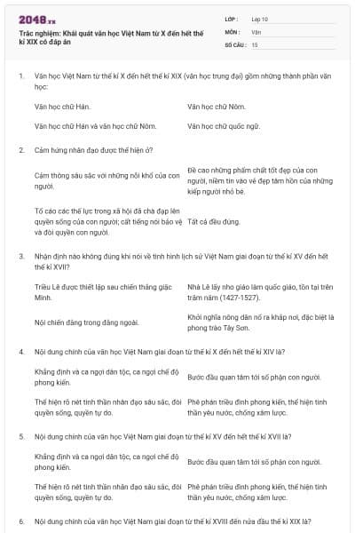 Trắc nghiệm: Khái quát văn học Việt Nam từ X đến hết thế kỉ XIX có đáp án