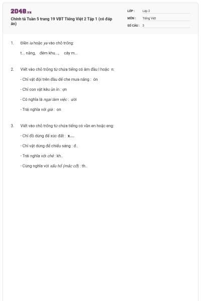 Chính tả Tuần 5 trang 19 VBT Tiếng Việt 2 Tập 1 (có đáp án)