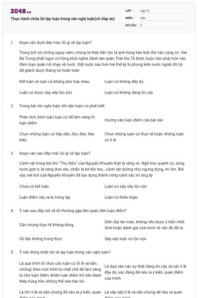 Thực hành chữa lỗi lập luận trong văn nghị luận(có đáp án)