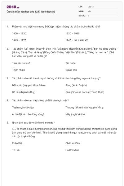 Ôn tập phần văn học Lớp 12 kì 1(có đáp án)