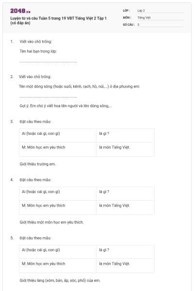 Luyện từ và câu Tuần 5 trang 19 VBT Tiếng Việt 2 Tập 1 (có đáp án)