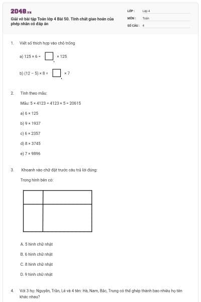 Giải vở bài tập Toán lớp 4 Bài 50. Tính chất giao hoán của phép nhân có đáp án