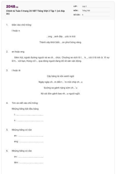 Chính tả Tuần 5 trang 20 VBT Tiếng Việt 2 Tập 1 (có đáp án)