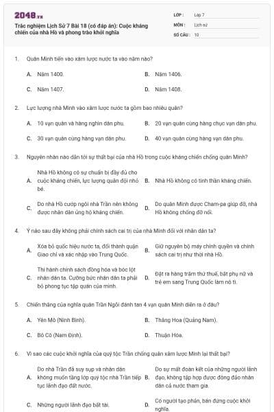 Trắc nghiệm Lịch Sử 7 Bài 18 (có đáp án): Cuộc kháng chiến của nhà Hồ và phong trào khởi nghĩa