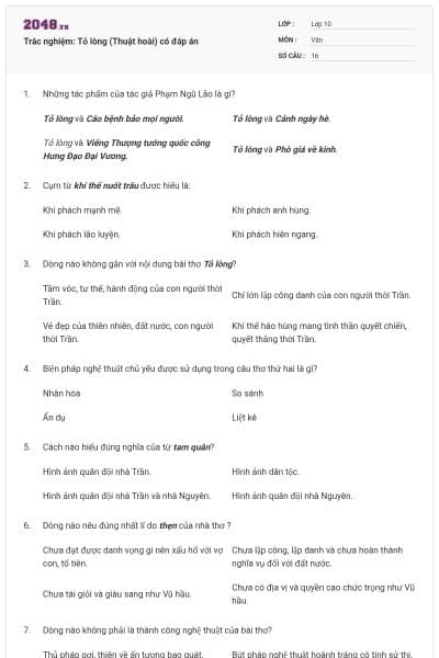 Trắc nghiệm: Tỏ lòng (Thuật hoài) có đáp án