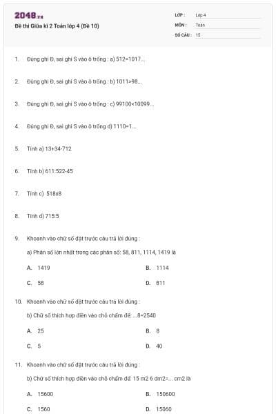 Đề thi Giữa kì 2 Toán lớp 4 (Đề 10)