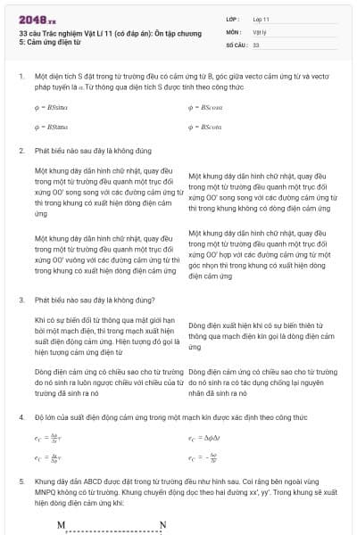 33 câu Trắc nghiệm Vật Lí 11 (có đáp án): Ôn tập chương 5: Cảm ứng điện từ
