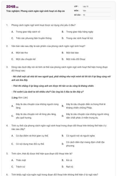 Trắc nghiệm: Phong cách ngôn ngữ sinh hoạt có đáp án