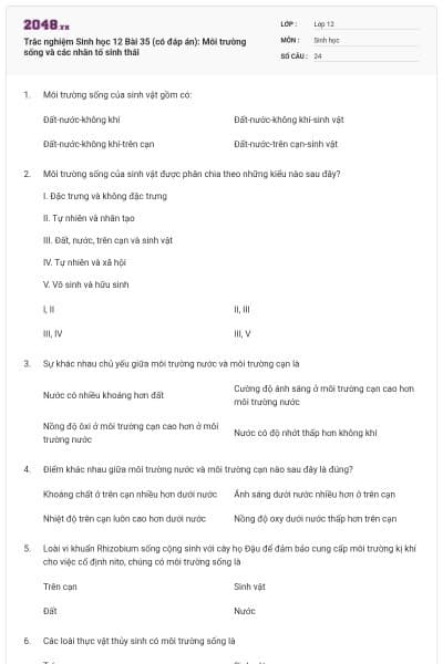 Trắc nghiệm Sinh học 12 Bài 35 (có đáp án): Môi trường sống và các nhân tố sinh thái