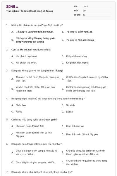 Trắc nghiệm: Tỏ lòng (Thuật hoài) có đáp án