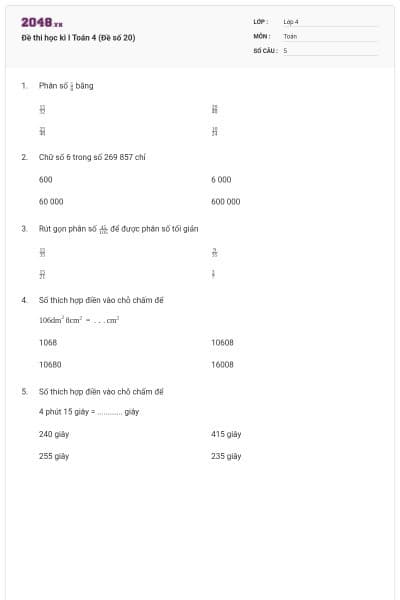 Đề thi học kì I Toán 4 (Đề số 20)