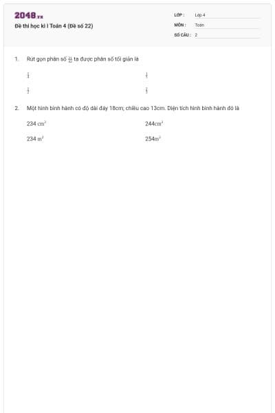 Đề thi học kì I Toán 4 (Đề số 22)