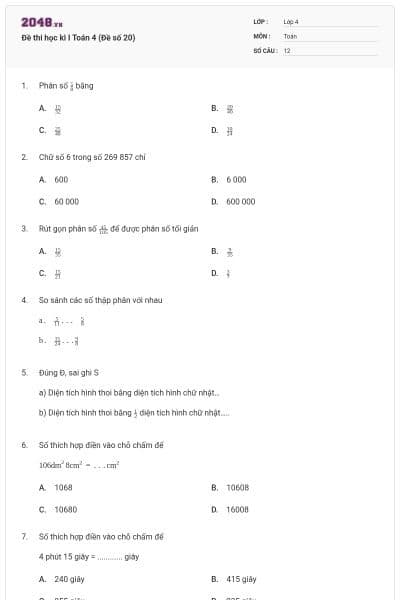 Đề thi học kì I Toán 4 (Đề số 20)
