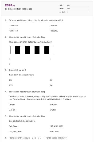 Đề thi học kì I Toán 4 (Đề số 23)