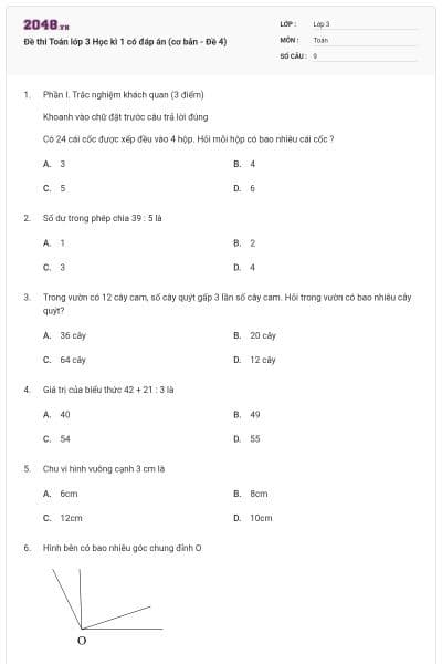 Đề thi Toán lớp 3 Học kì 1 có đáp án (cơ bản - Đề 4)