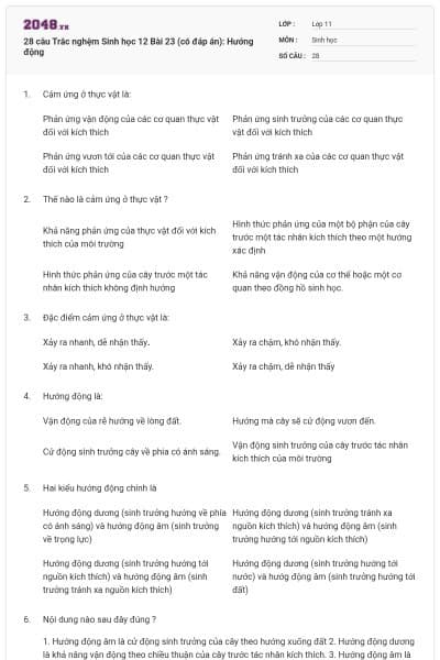 28 câu Trắc nghệm Sinh học 12 Bài 23 (có đáp án): Hướng động