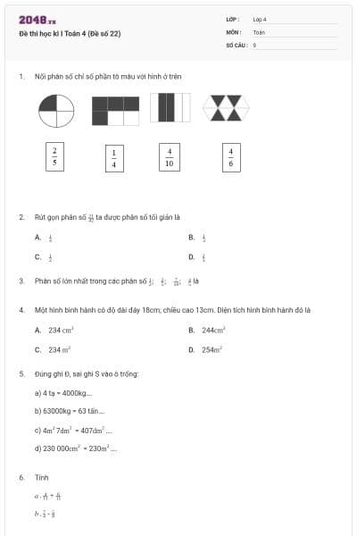 Đề thi học kì I Toán 4 (Đề số 22)