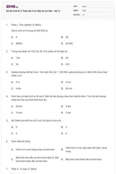 Đề thi Cuối kì 2 Toán lớp 4 có đáp án (cơ bản - Đề 1)