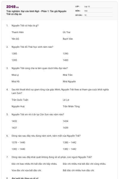 Trắc nghiệm: Đại cáo bình Ngô - Phần 1: Tác giả Nguyễn Trãi có đáp án