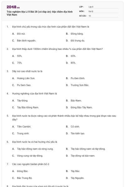 Trắc nghiệm Địa Lí 8 Bài 28 (có đáp án): Đặc điểm địa hình Việt Nam