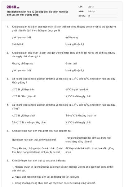 Trắc nghiệm Sinh học 12 (có đáp án): Sự thích nghi của sinh vật với môi trường sống