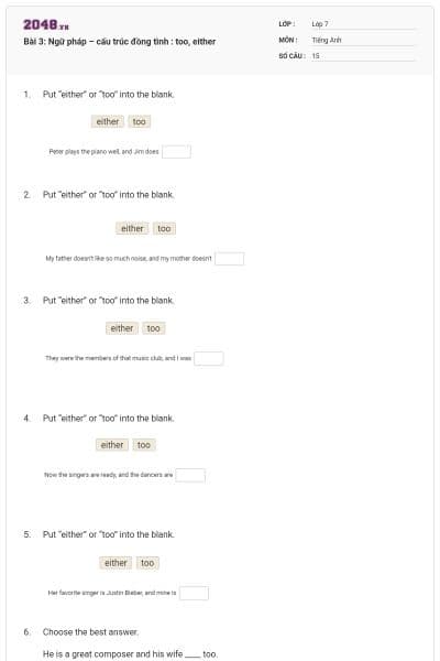 Bài 3: Ngữ pháp – cấu trúc đồng tình : too, either