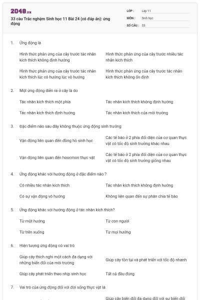 33 câu  Trắc nghệm Sinh học 11 Bài 24 (có đáp án): ứng động