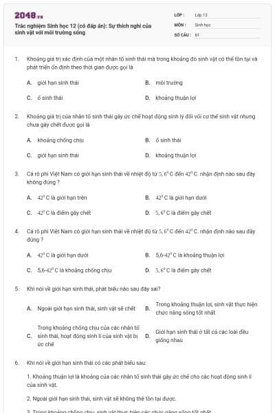 Trắc nghiệm Sinh học 12 (có đáp án): Sự thích nghi của sinh vật với môi trường sống