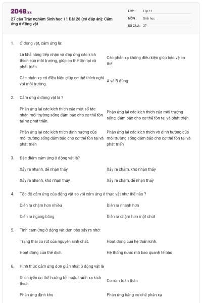 27 câu Trắc nghệm Sinh học 11 Bài 26 (có đáp án): Cảm ứng ở động vật
