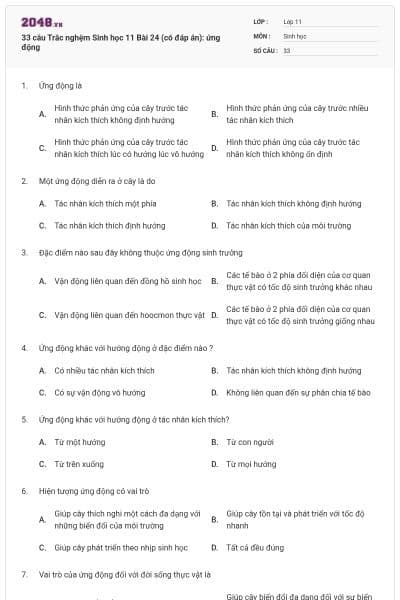 33 câu  Trắc nghệm Sinh học 11 Bài 24 (có đáp án): ứng động