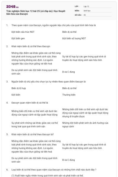 Trắc nghiệm Sinh học 12 bài 25 (có đáp án): Học thuyết tiến hóa của Đacuyn