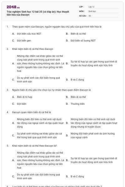 Trắc nghiệm Sinh học 12 bài 25 (có đáp án): Học thuyết tiến hóa của Đacuyn