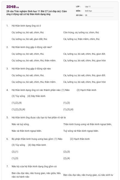 28 câu  Trắc nghệm Sinh học 11 Bài 27 (có đáp án): Cảm ứng ở động vật có hệ thần kinh dạng ống